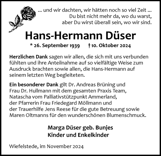 Traueranzeige von Hans-Hermann Düser von Nordwest-Zeitung
