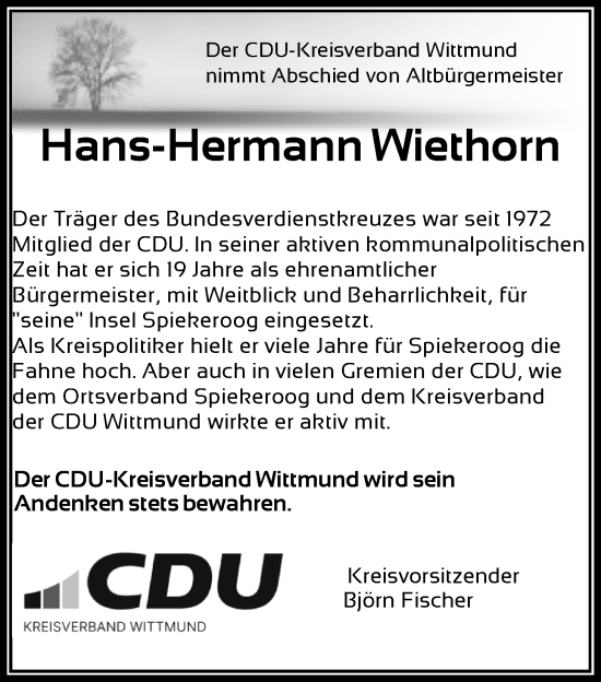 Traueranzeige von Hans-Hermann Wiethorn von WZ/JW/AH