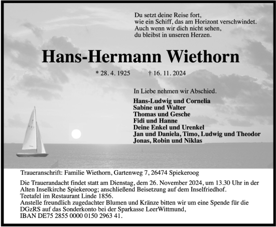 Traueranzeige von Hans-Hermann Wiethorn von WZ/JW/AH