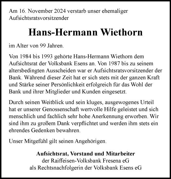 Traueranzeige von Hans-Hermann Wiethorn von WZ/JW/AH