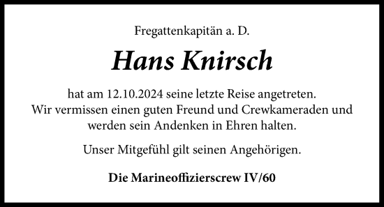 Traueranzeige von Hans Knirsch von WZ/JW/AH