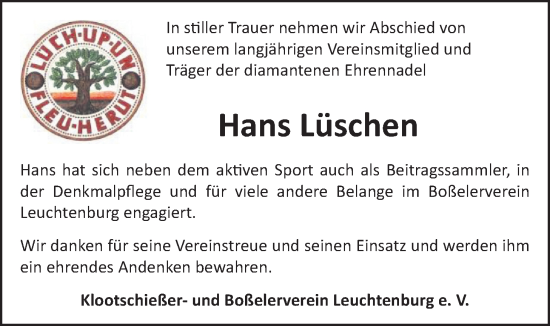 Traueranzeige von Hans Lüschen von Nordwest-Zeitung