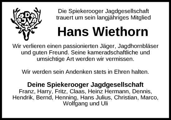 Traueranzeige von Hans Wiethorn von WZ/JW/AH