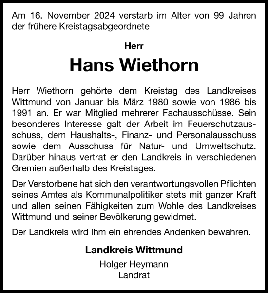 Traueranzeige von Hans Wiethorn von WZ/JW/AH