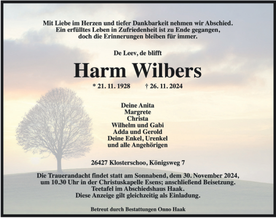 Traueranzeige von Harm Wilbers von WZ/JW/AH