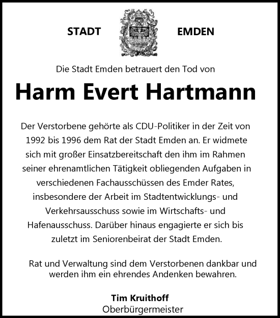 Traueranzeige von Harm Evert Hartmann von Emder Zeitung