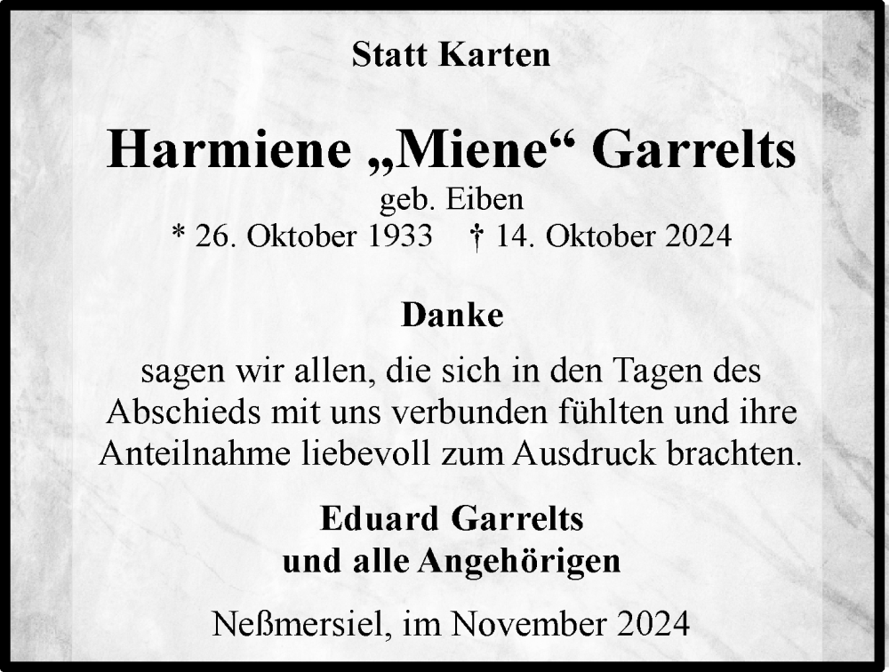  Traueranzeige für Harmiene Garrelts vom 16.11.2024 aus WZ/JW/AH