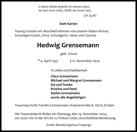 Traueranzeige von Hedwig Grensemann von Emder Zeitung