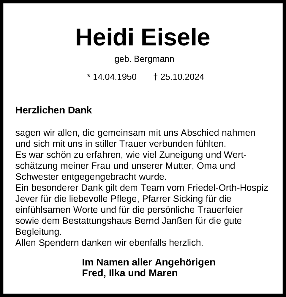  Traueranzeige für Heidi Eisele vom 09.11.2024 aus WZ/JW/AH