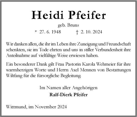Traueranzeige von Heidi Pfeifer von WZ/JW/AH