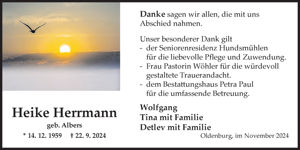  Traueranzeige für Heike Herrmann vom 12.11.2024 aus Nordwest-Zeitung