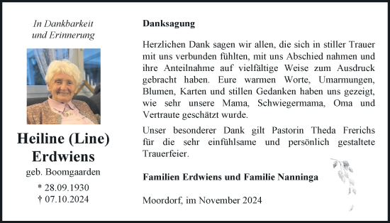 Traueranzeige von Heiline Line Erdwiens von Emder Zeitung