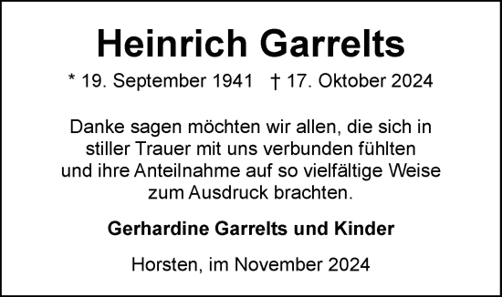 Traueranzeige von Heinrich Garrelts von WZ/JW/AH