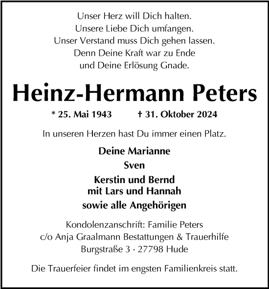 Traueranzeige von Heinz-Hermann Peters von Nordwest-Zeitung