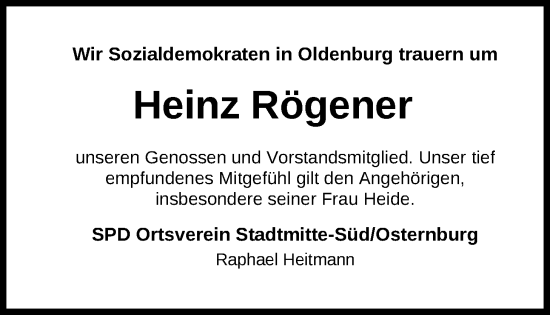 Traueranzeige von Heinz Rögener von Nordwest-Zeitung