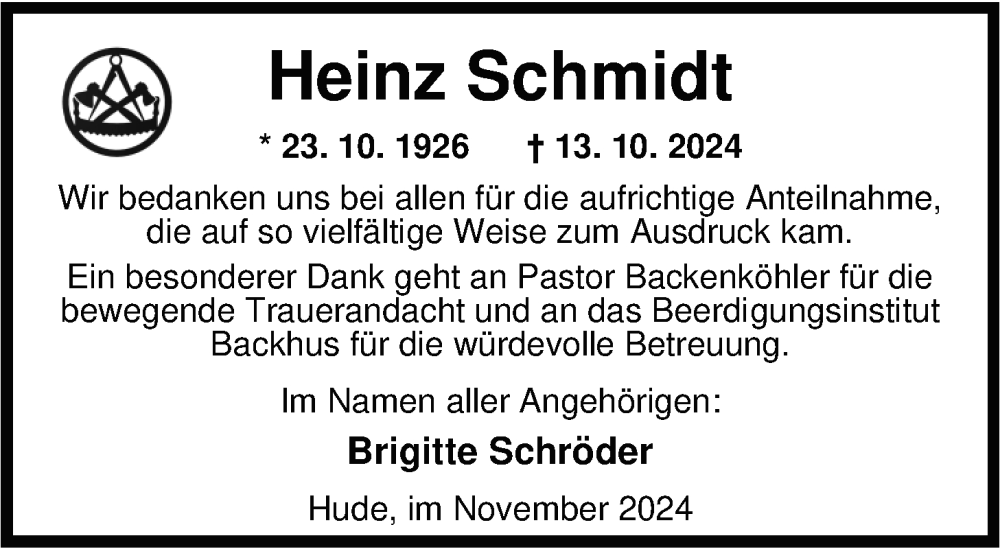  Traueranzeige für Heinz Schmidt vom 23.11.2024 aus Nordwest-Zeitung