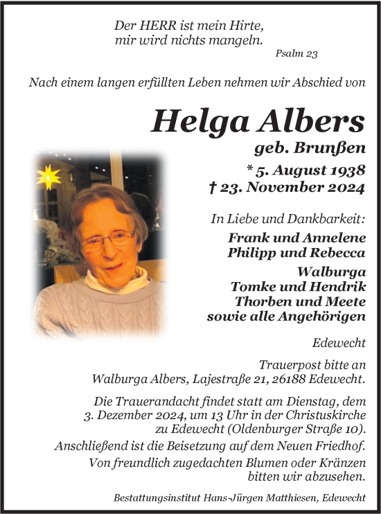 Traueranzeige von Helga Albers von Nordwest-Zeitung