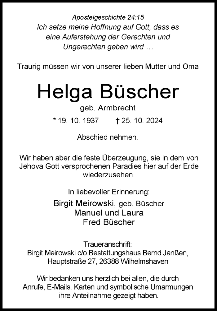  Traueranzeige für Helga Büscher vom 02.11.2024 aus WZ/JW/AH
