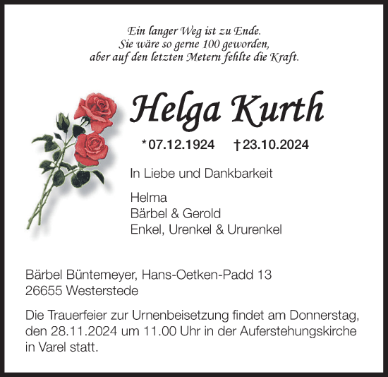 Traueranzeige von Helga Kurth von Nordwest-Zeitung
