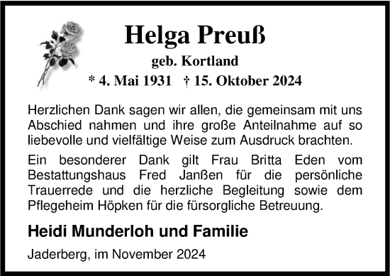 Traueranzeige von Helga Preuß von Nordwest-Zeitung