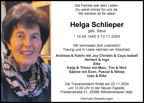 Traueranzeige von Helga Schlieper von WZ/JW/AH