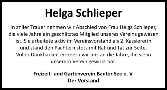 Traueranzeige von Helga Schlieper von WZ/JW/AH