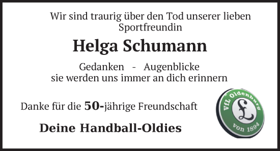 Traueranzeige von Helga Schumann von Nordwest-Zeitung