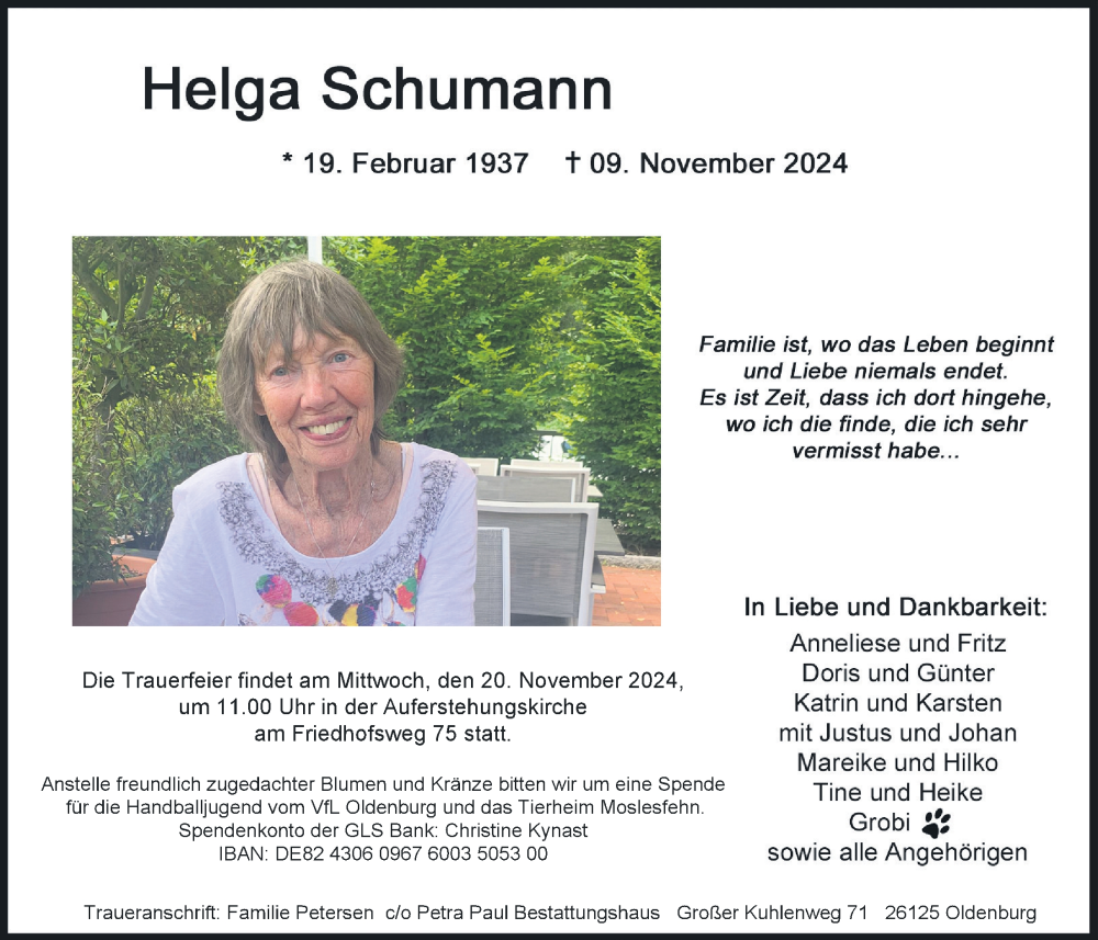  Traueranzeige für Helga Schumann vom 14.11.2024 aus Nordwest-Zeitung