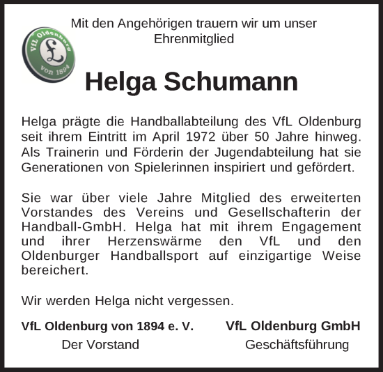 Traueranzeige von Helga Schumann von Nordwest-Zeitung