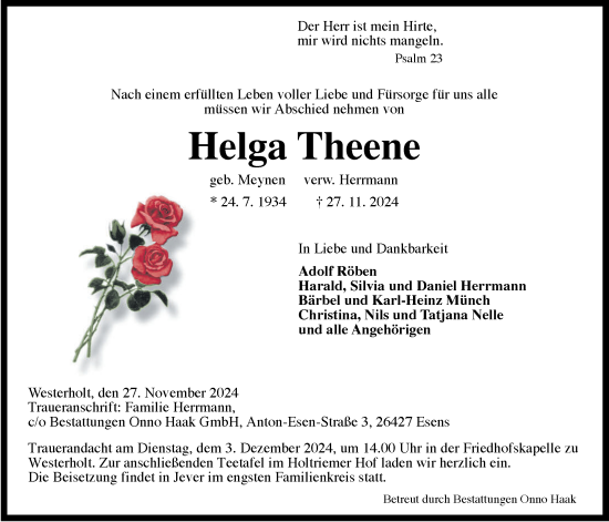 Traueranzeige von Helga Theene von WZ/JW/AH