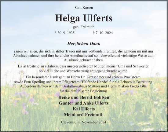 Traueranzeige von Helga Ulferts von WZ/JW/AH