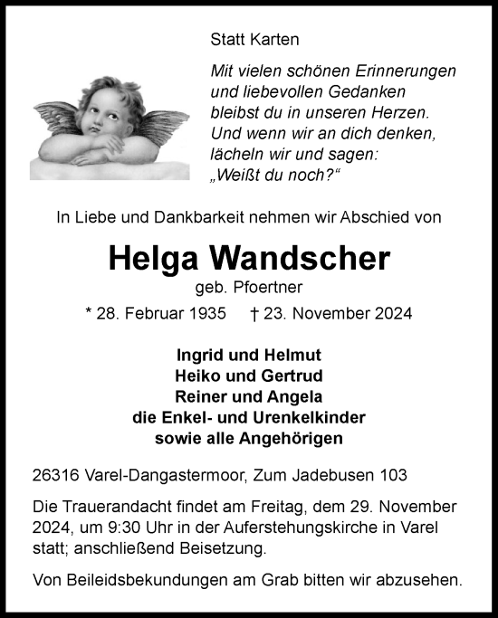 Traueranzeige von Helga Wandscher von Nordwest-Zeitung