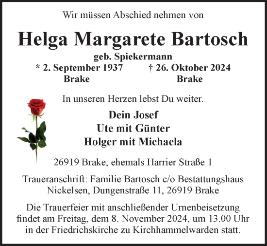 Traueranzeige von Helga Margarete Bartosch von Nordwest-Zeitung