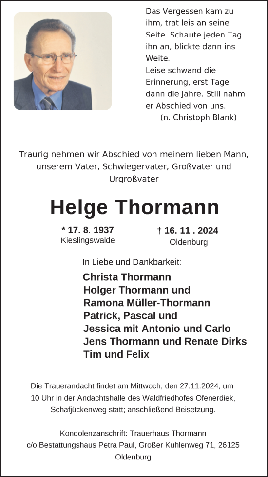 Traueranzeige von Helge Thormann von Nordwest-Zeitung