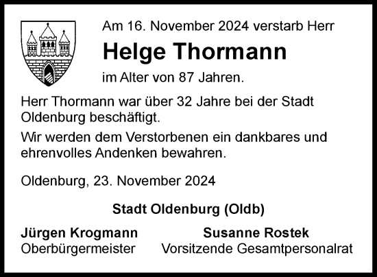 Traueranzeige von Helge Thormann von Nordwest-Zeitung