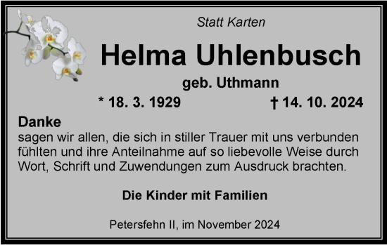 Traueranzeige von Helma Uhlenbusch von Nordwest-Zeitung