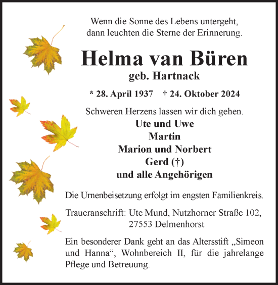 Traueranzeige von Helma von Büren von WZ/JW/AH