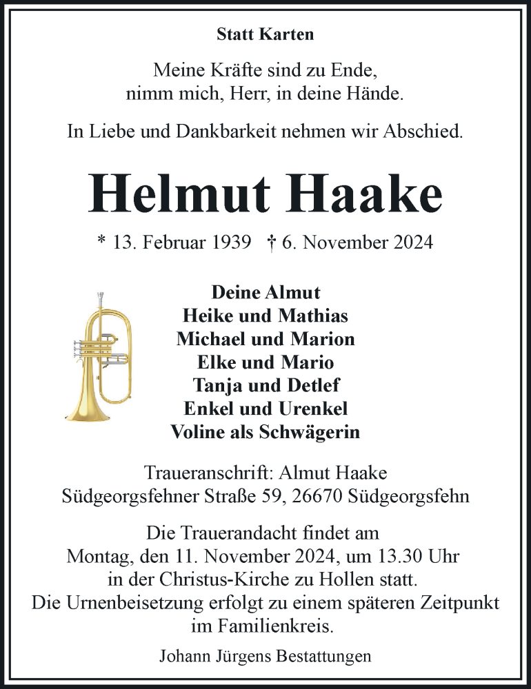  Traueranzeige für Helmut Haake vom 08.11.2024 aus Nordwest-Zeitung