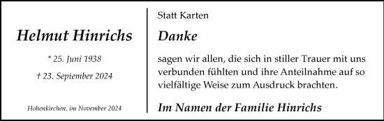 Traueranzeige von Helmut Hinrichs von WZ/JW/AH