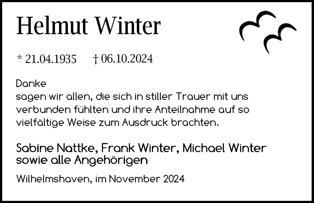 Traueranzeige für Helmut Winter vom 30.11.2024 aus WZ/JW/AH