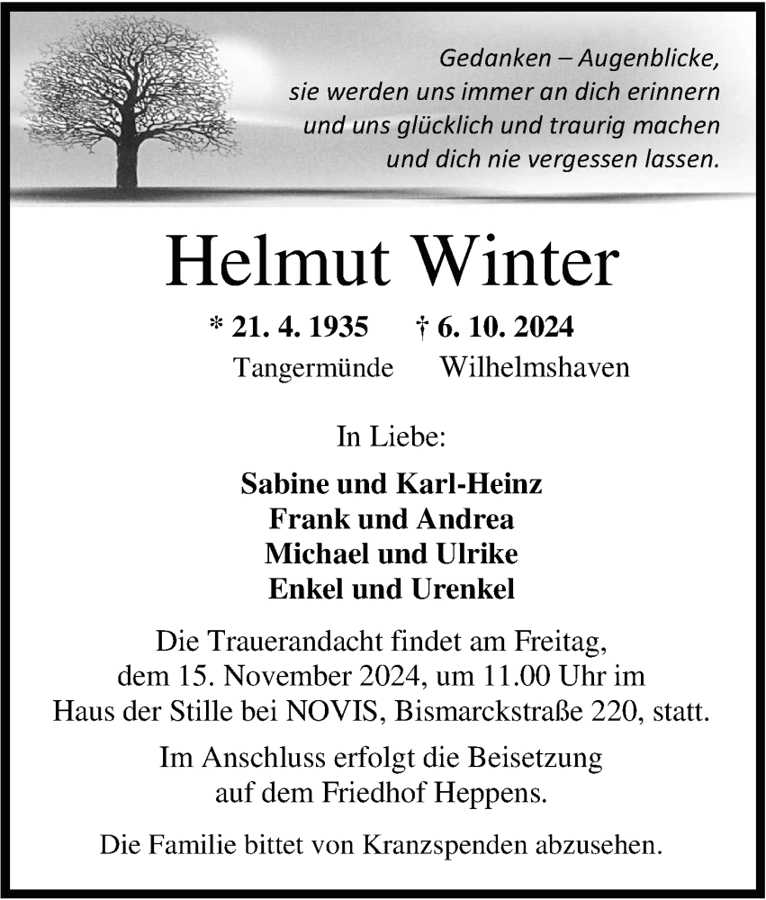  Traueranzeige für Helmut Winter vom 02.11.2024 aus WZ/JW/AH