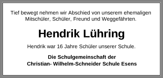 Traueranzeige von Hendrik Lühring von WZ/JW/AH