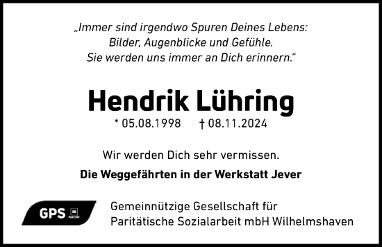 Traueranzeige von Hendrik Lühring von WZ/JW/AH