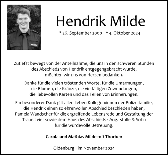 Traueranzeige von Hendrik Milde von Nordwest-Zeitung