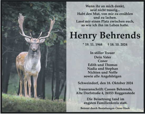 Traueranzeige von Henry Behrends von WZ/JW/AH