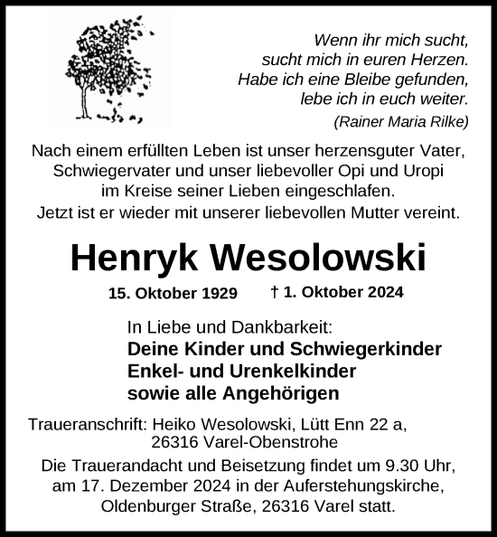 Traueranzeige von Henryk Wesolowski von Nordwest-Zeitung