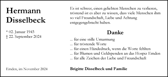 Traueranzeige von Hermann Disselbeck von Emder Zeitung