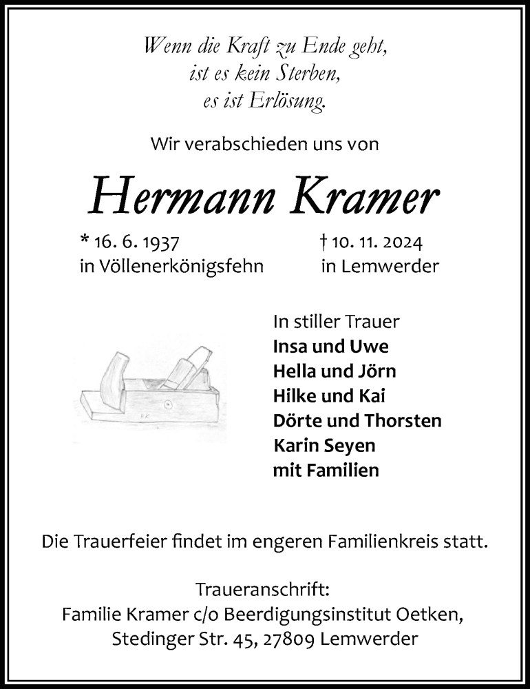  Traueranzeige für Hermann Kramer vom 23.11.2024 aus Nordwest-Zeitung