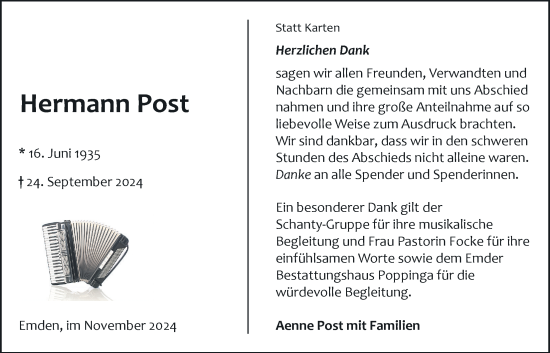 Traueranzeige von Hermann Post von Emder Zeitung
