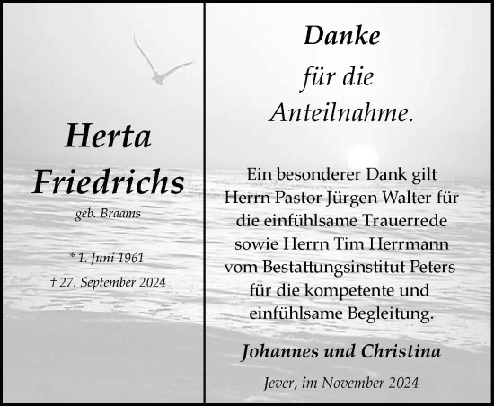 Traueranzeige von Herta Friedrichs von WZ/JW/AH